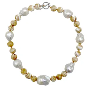 110-22 | TAN AGATE & WILD PEARL NECKLACE