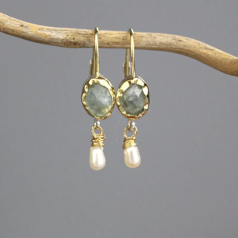 14K Gold Aquamarine Pearl Earrings