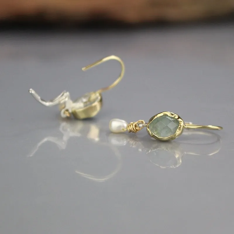 14K Gold Aquamarine Pearl Earrings