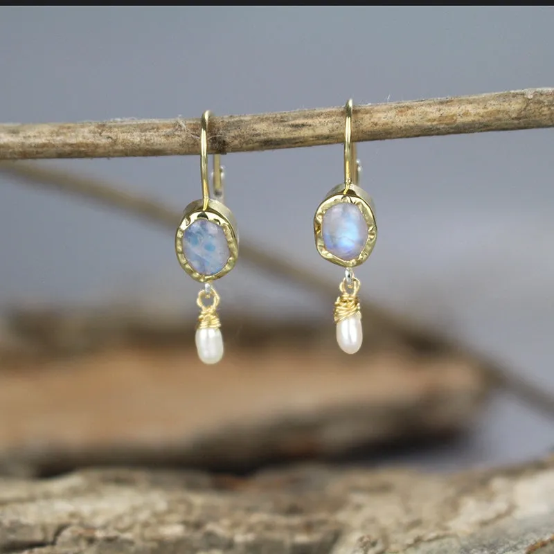 14K Gold Moonstone Pearl Earrings