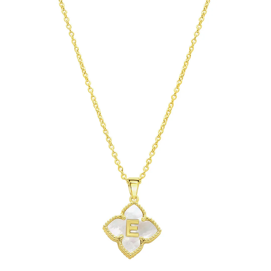 14k Gold Plated White Mother of Pearl Initial Floral Necklace