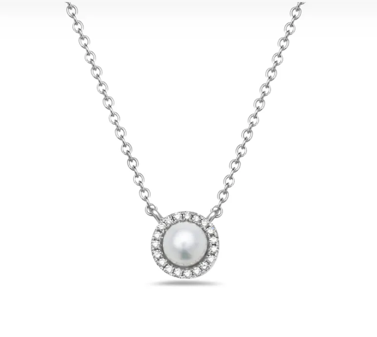 14k White Gold Pearl & Diamond Halo Necklace (I8431)