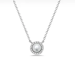 14k White Gold Pearl & Diamond Halo Necklace (I8431)