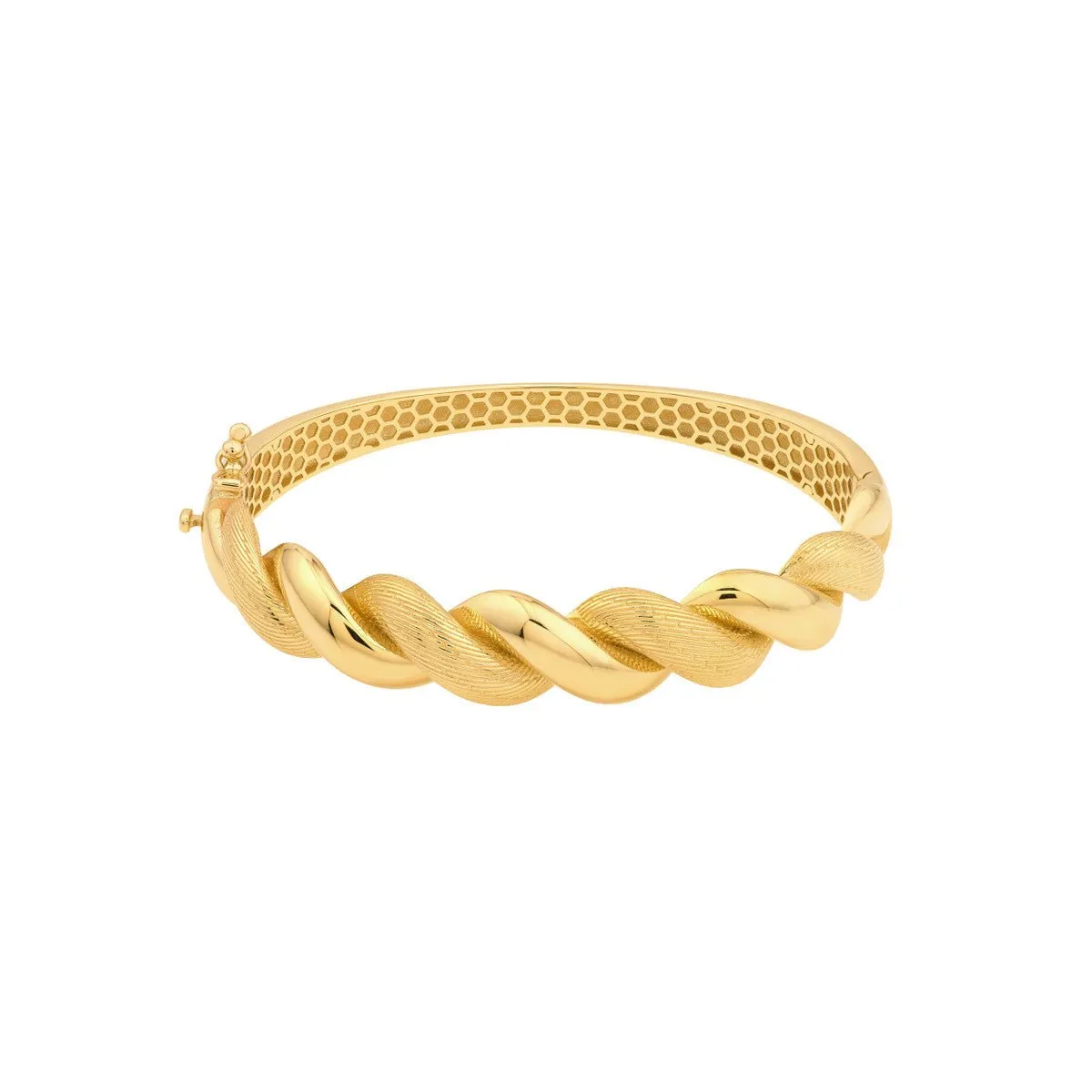 14K Yellow Gold Textured and Polished Twist Bangle Bracelet