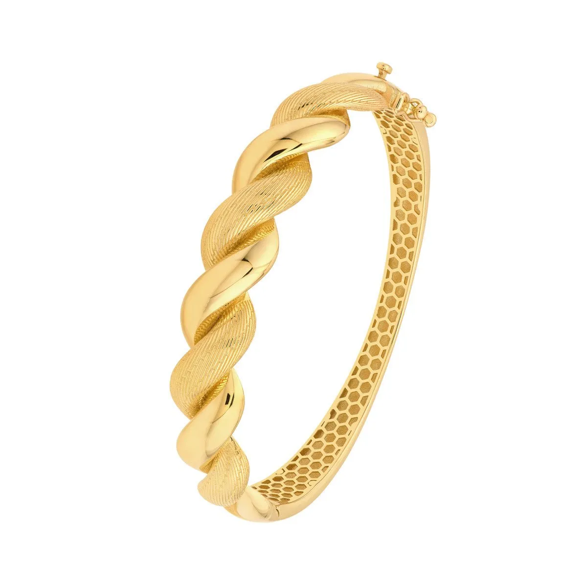 14K Yellow Gold Textured and Polished Twist Bangle Bracelet