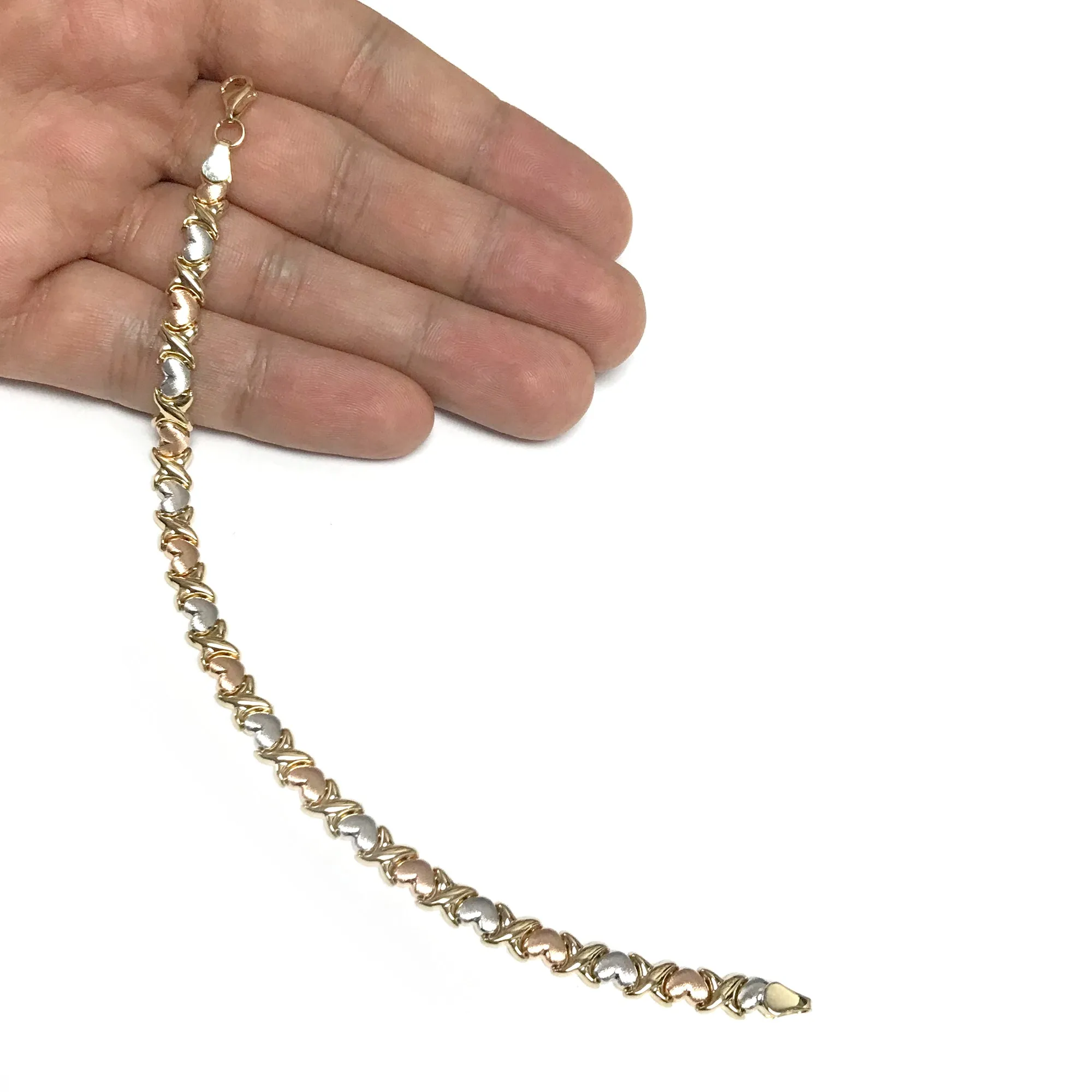 14k Yellow White And Rose Gold Heart Links Bracelet, 7.25"