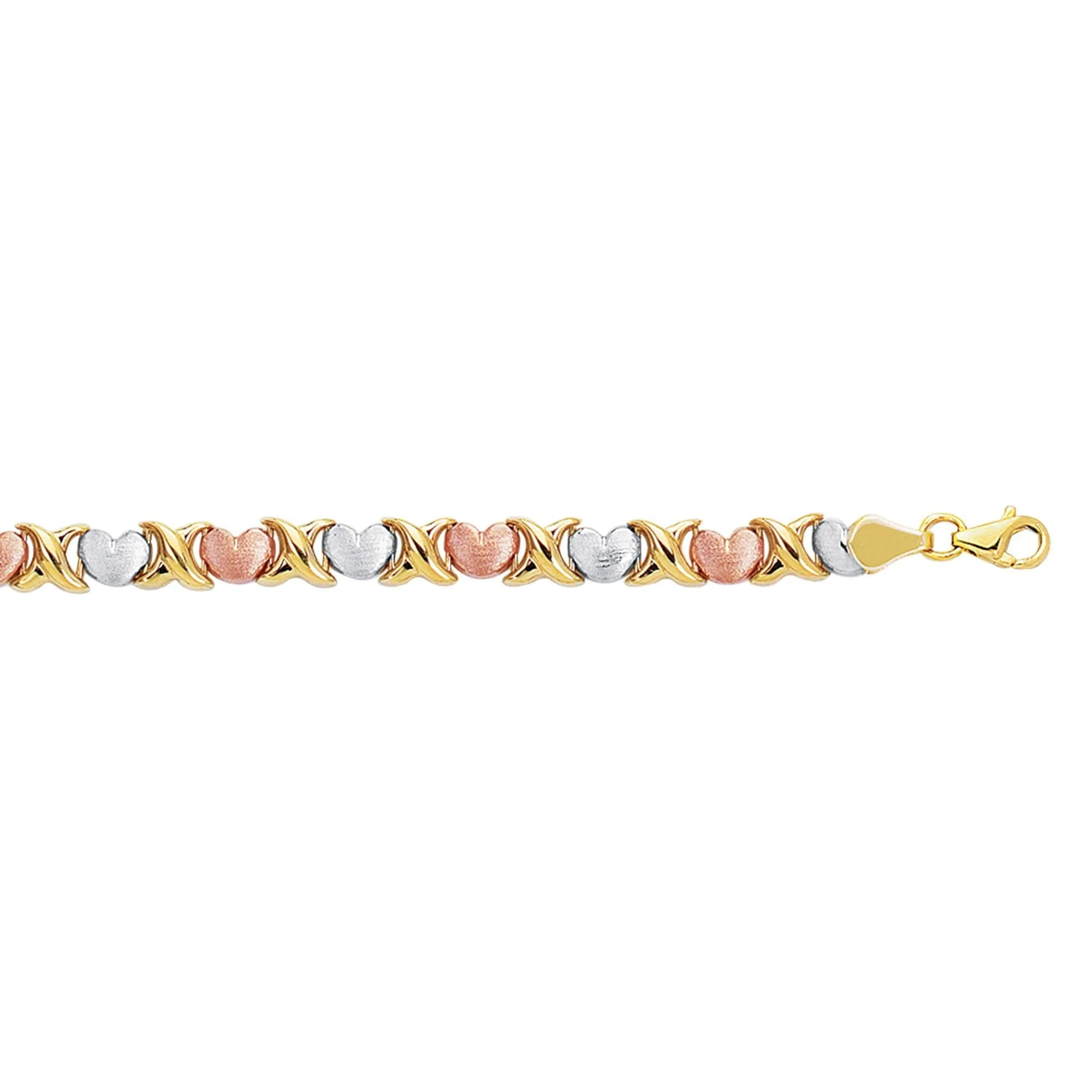 14k Yellow White And Rose Gold Heart Links Bracelet, 7.25"