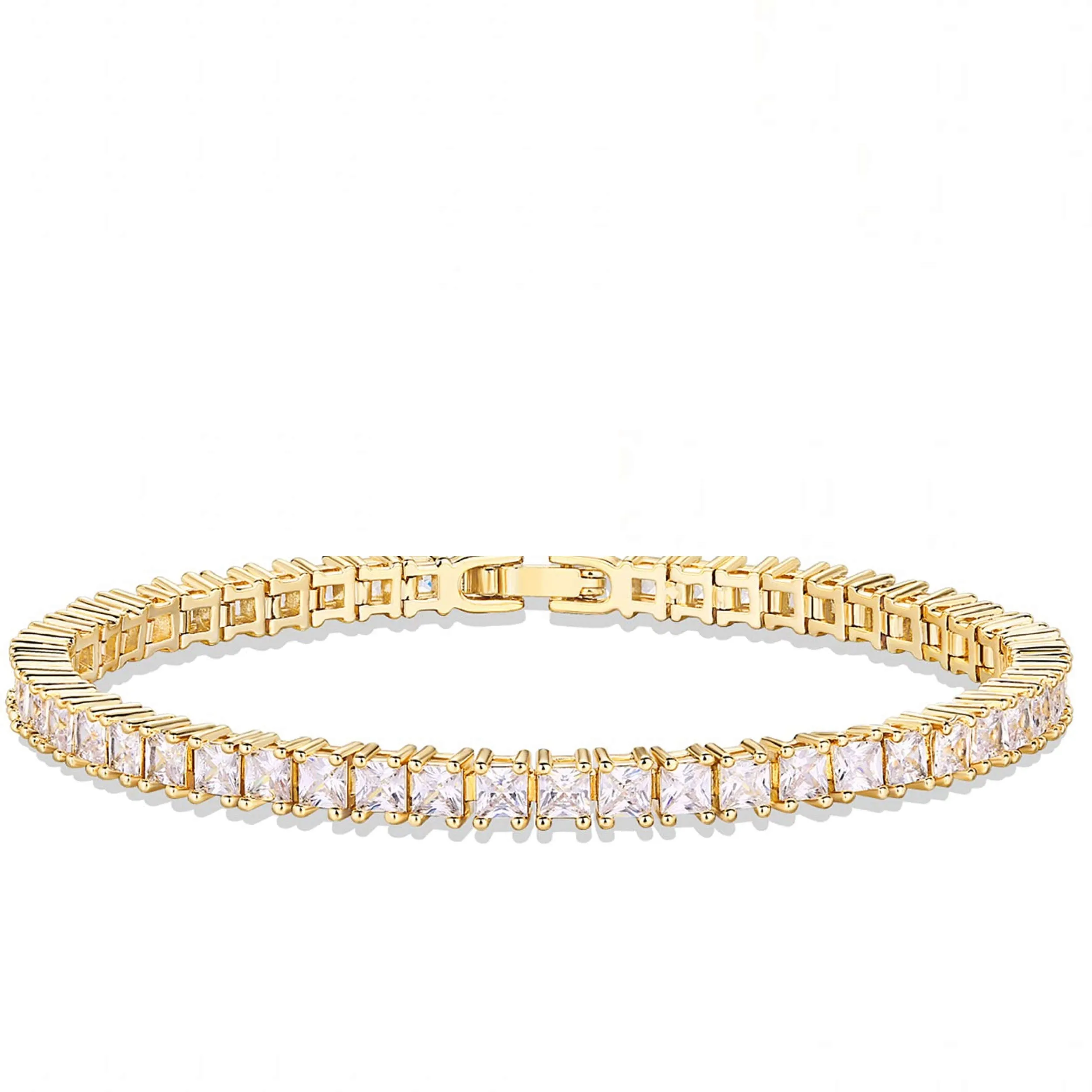 18K Gold Princess Cut Cz Eternity Tennis Bracelet