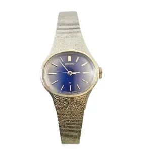 1970s Seiko Blue Oval Dial Steel Mesh Wristband Jewel Watch