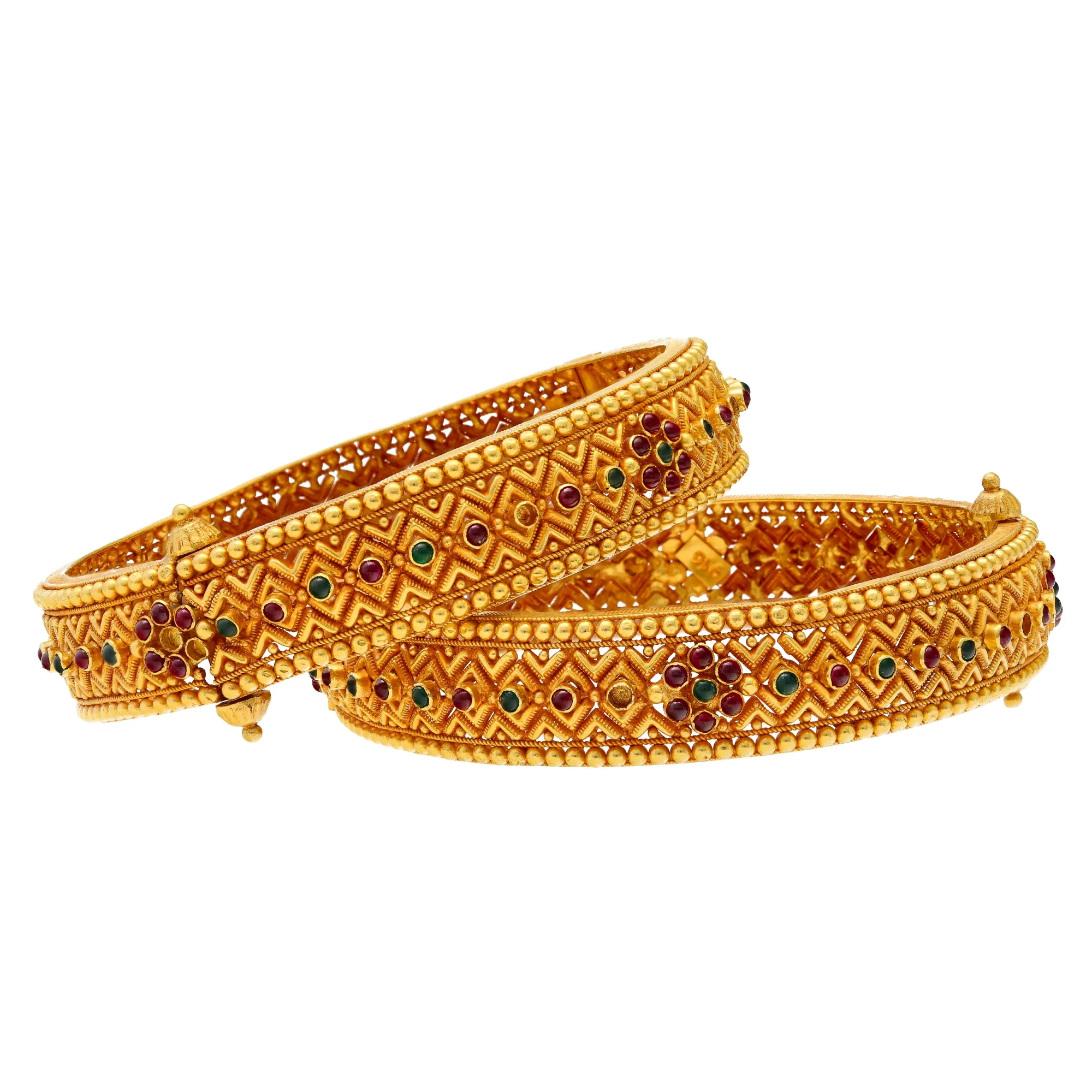 22K Yellow Gold, Emerald & Ruby Bangle Set (65gm)