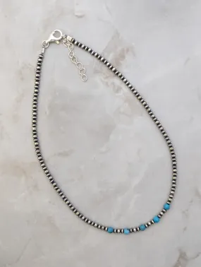 3mm Navajo Pearls & 5 Blue Bead Turquoise Necklace Sterling Silver