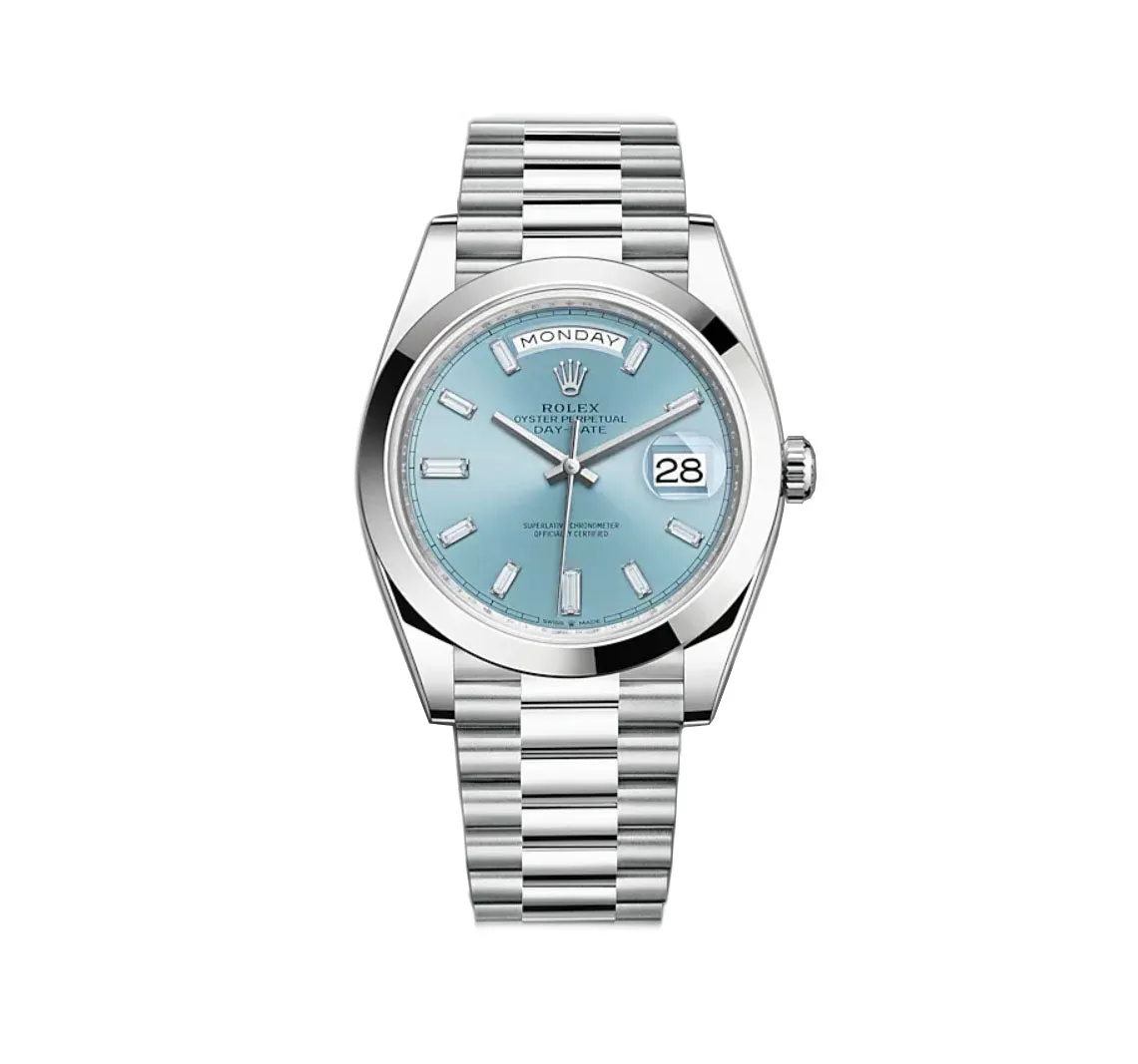 40mm Platinum President Ice Blue Baguette Diamond Dial