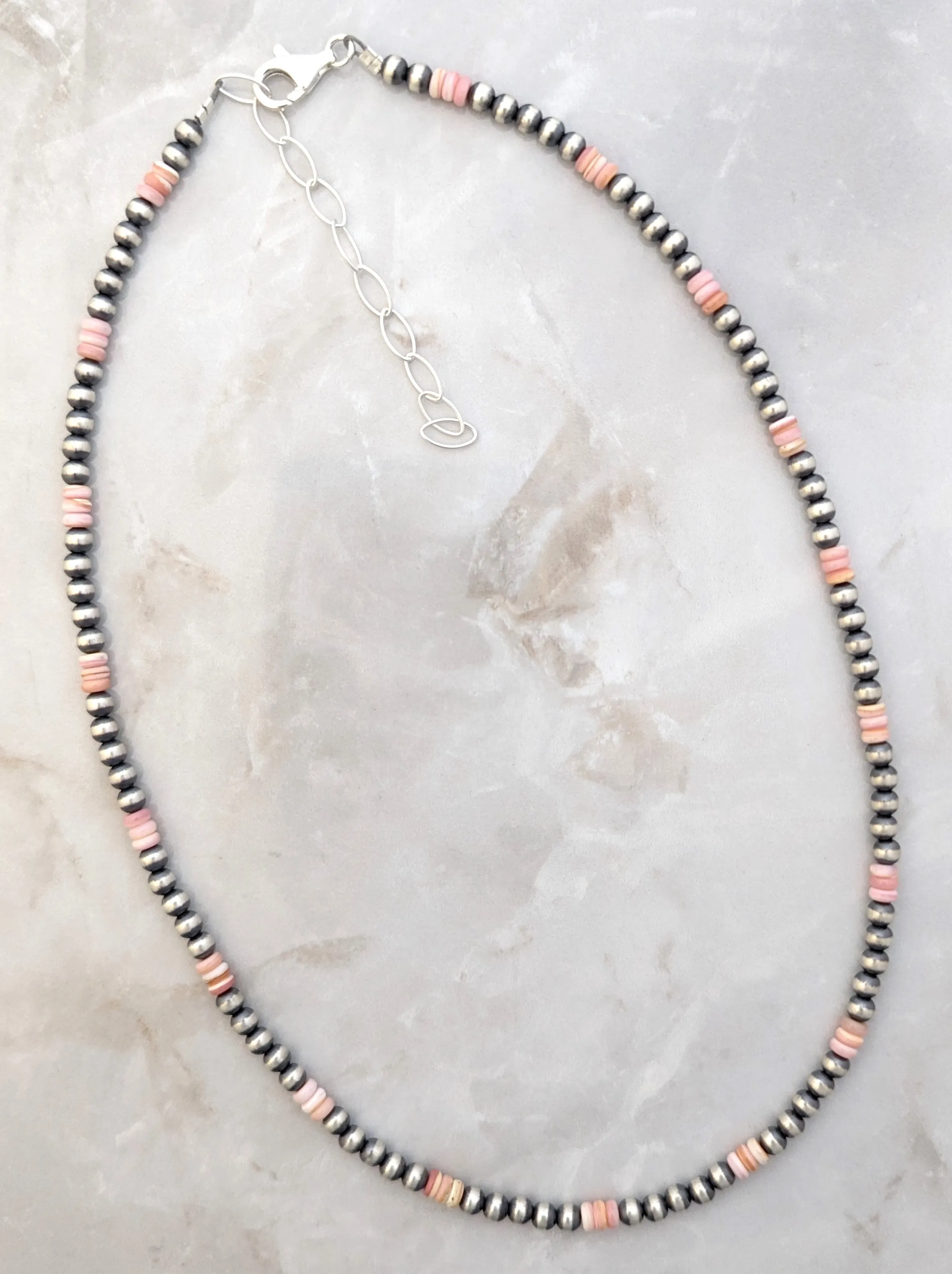 4mm Navajo Pearls & Pink Conch Shell Necklace Sterling Silver