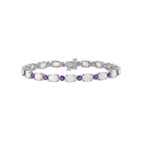 7X5MM Oval Opal and Amethyst 7.5-inch Tennis Bracelet in Rhodium Plated Sterling Silver