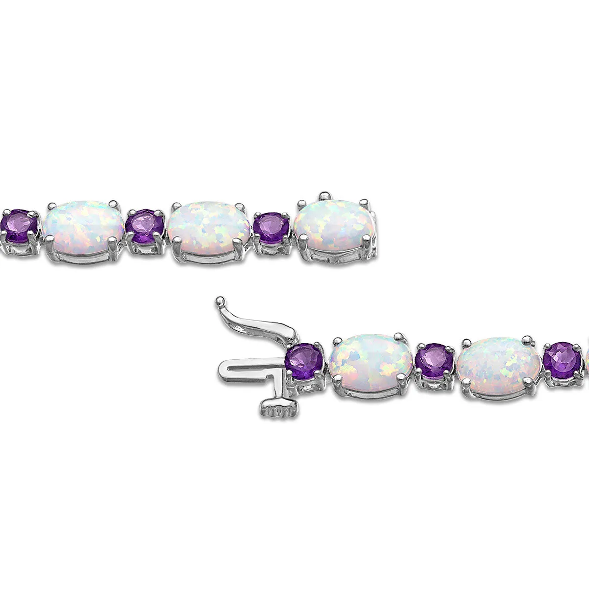 7X5MM Oval Opal and Amethyst 7.5-inch Tennis Bracelet in Rhodium Plated Sterling Silver