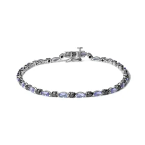 .925 Sterling Silver 1 1/2 Cttw Black Diamond and Blue Tanzanite Link Bracelet