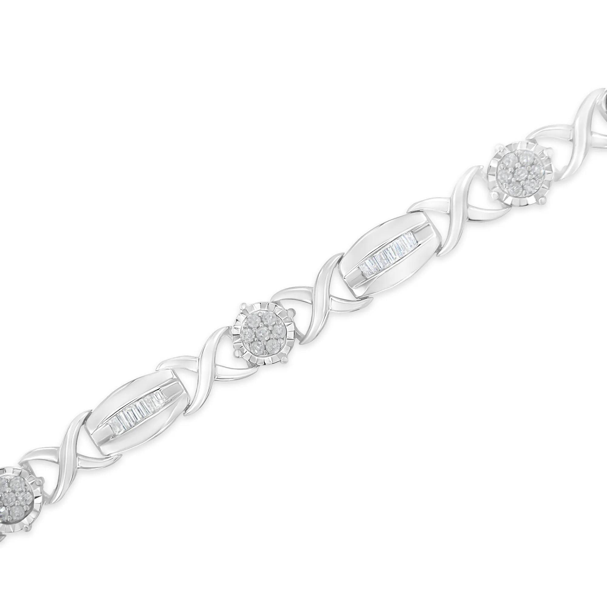 .925 Sterling Silver 1.0 Cttw Round-Cut and Baguette-Cut Diamond X-Link Bracelet