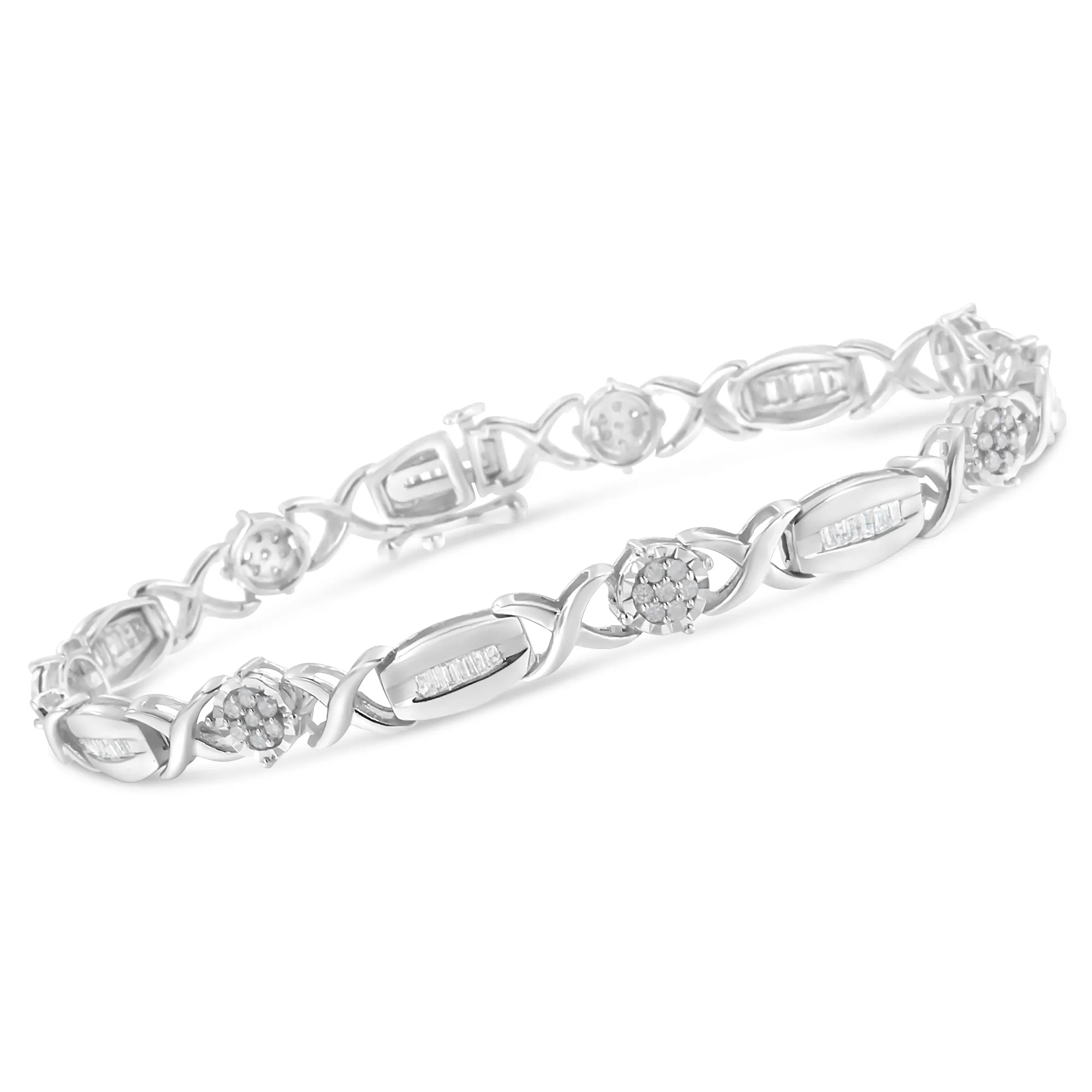 .925 Sterling Silver 1.0 Cttw Round-Cut and Baguette-Cut Diamond X-Link Bracelet