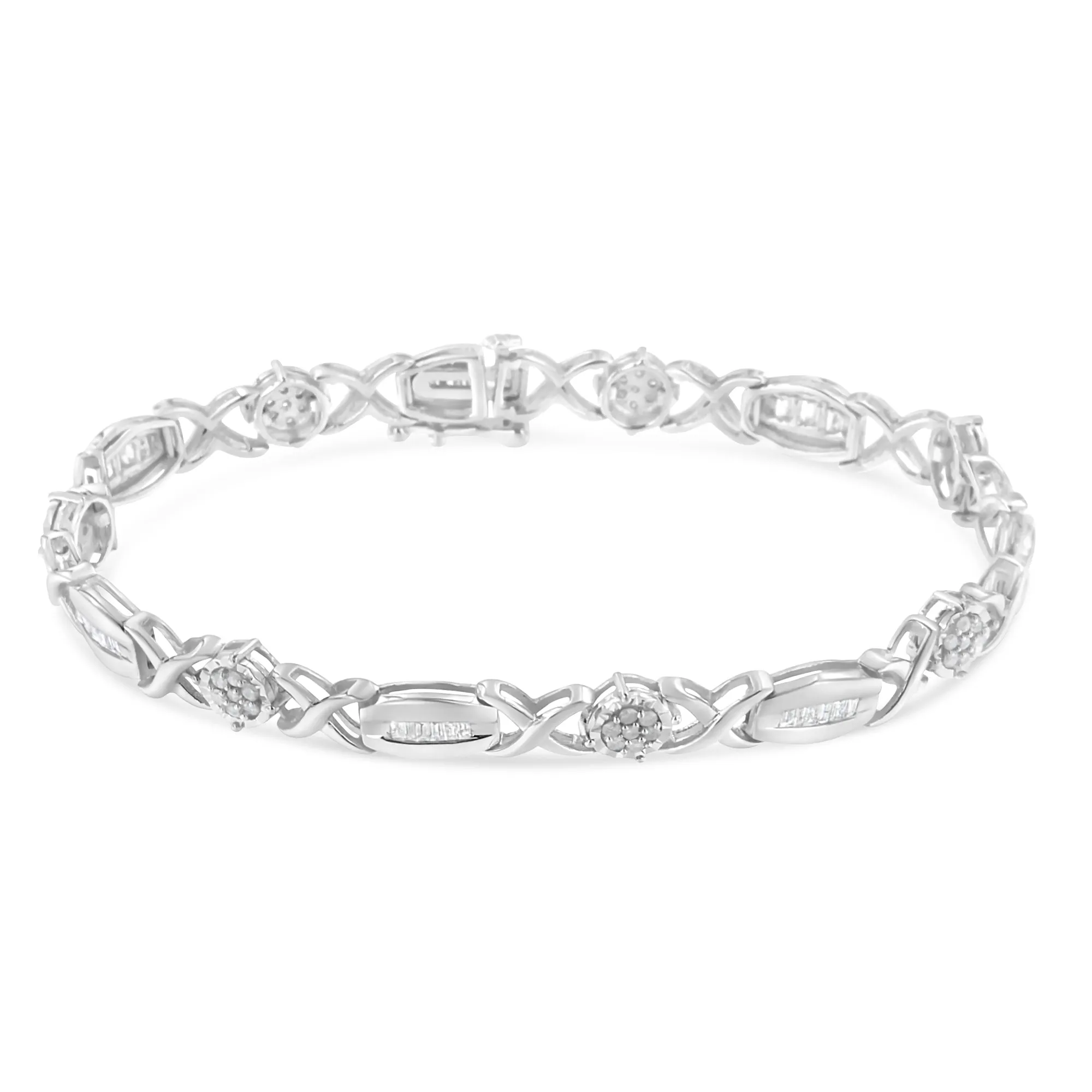 .925 Sterling Silver 1.0 Cttw Round-Cut and Baguette-Cut Diamond X-Link Bracelet