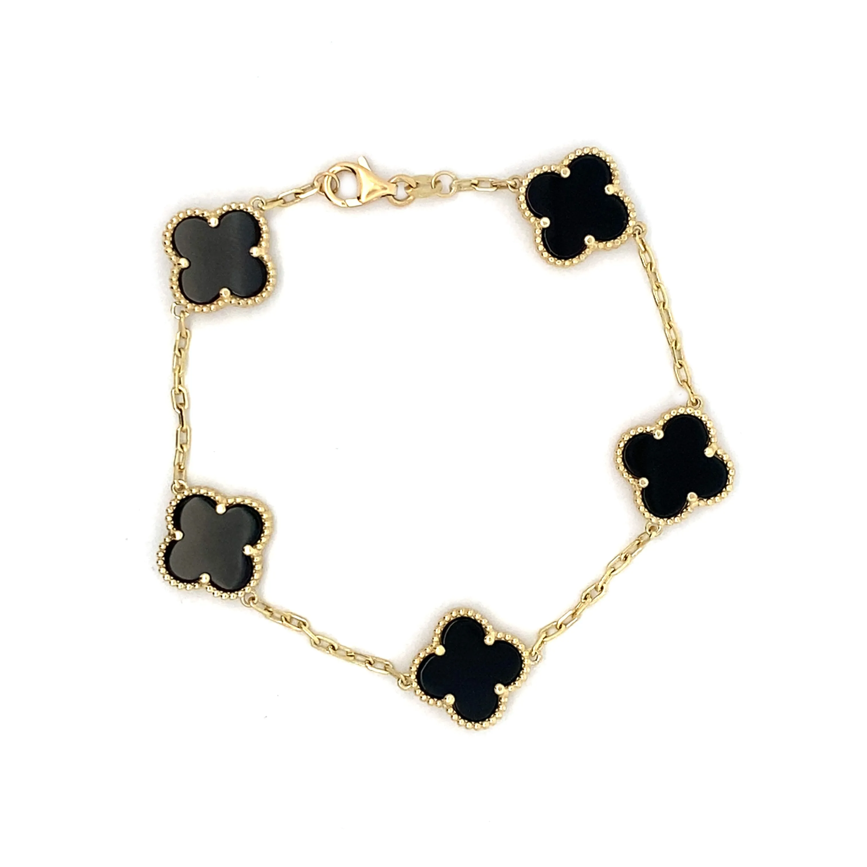 9ct Yellow Gold 5 x Onyx Clover/Quatrefoil Bracelet