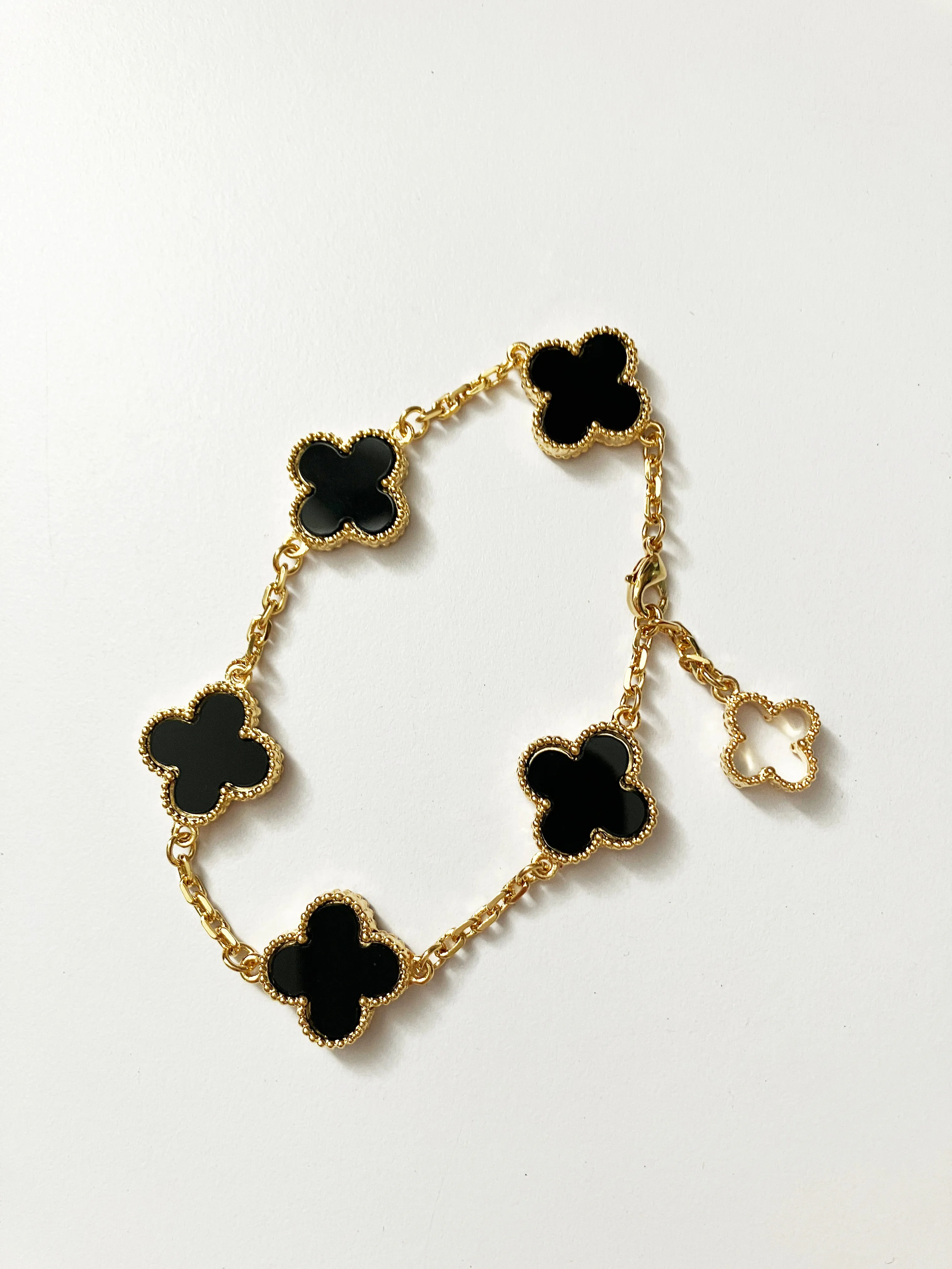 Adjustable 7.5" Onyx Quatrefoil Bracelet with Openwork Charm Clasp