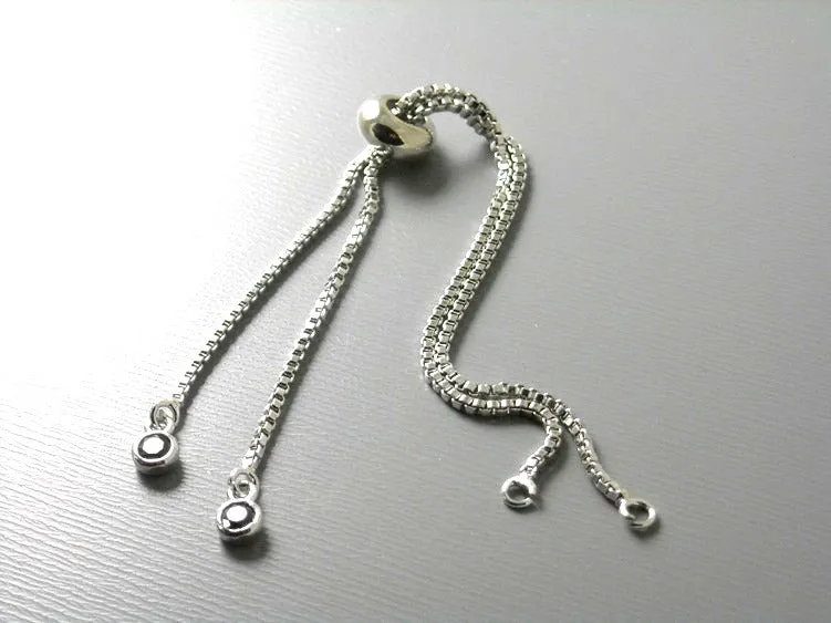 Adjustable Ring Box Chain Tassel Extensions with CZ Terminators, Silver Tone Plated, 4.5 inch - 1 piece