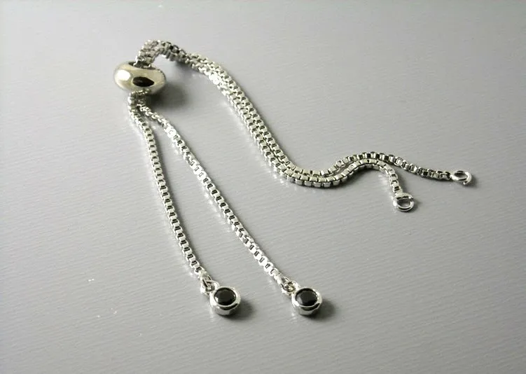 Adjustable Ring Box Chain Tassel Extensions with CZ Terminators, Silver Tone Plated, 4.5 inch - 1 piece