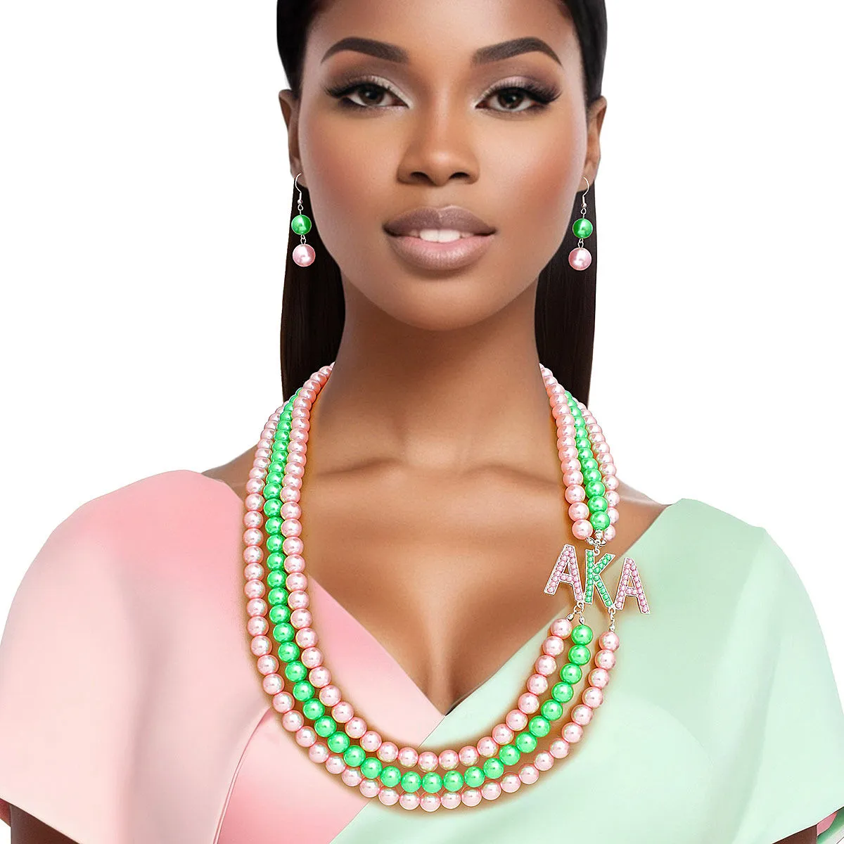 AKA Sorority Inspired Pink Green Long 3 Row Brooch Necklace