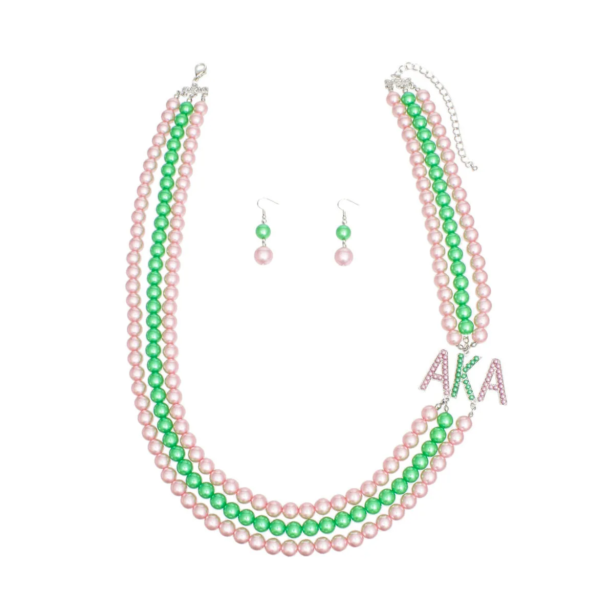 AKA Sorority Inspired Pink Green Long 3 Row Brooch Necklace