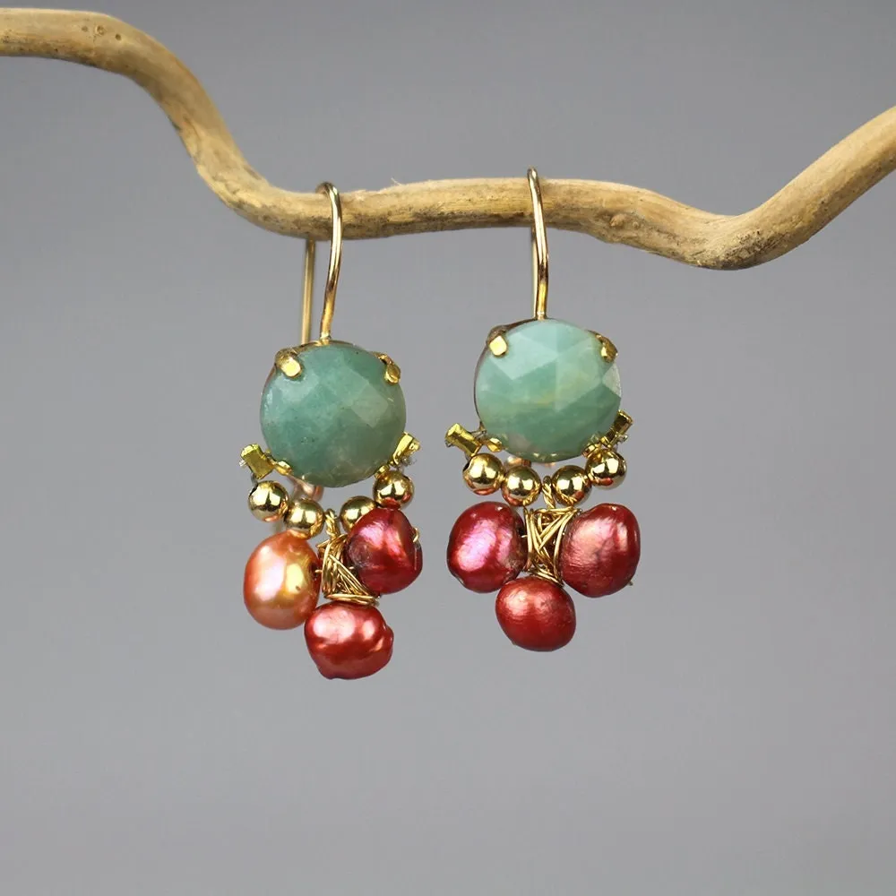 Amazonite Bronze Pearls Clover Earrings