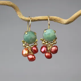 Amazonite Bronze Pearls Clover Earrings