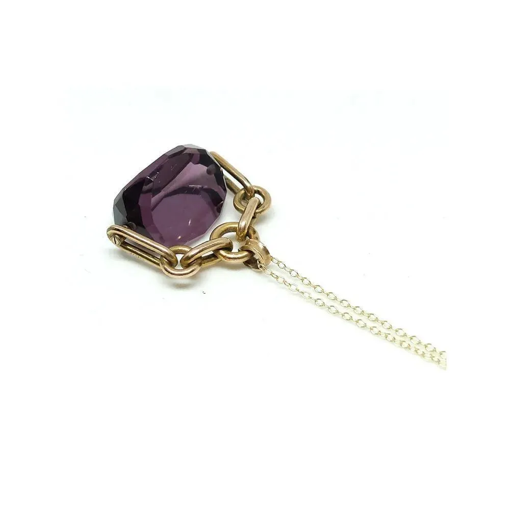 Antique Victorian Gold Filled Swivel Purple Glass Fob 9ct Necklace