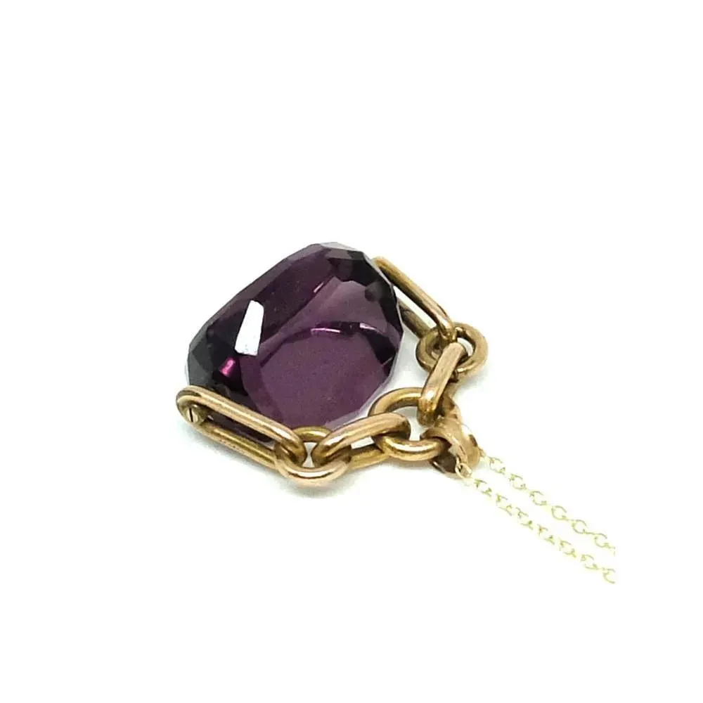 Antique Victorian Gold Filled Swivel Purple Glass Fob 9ct Necklace