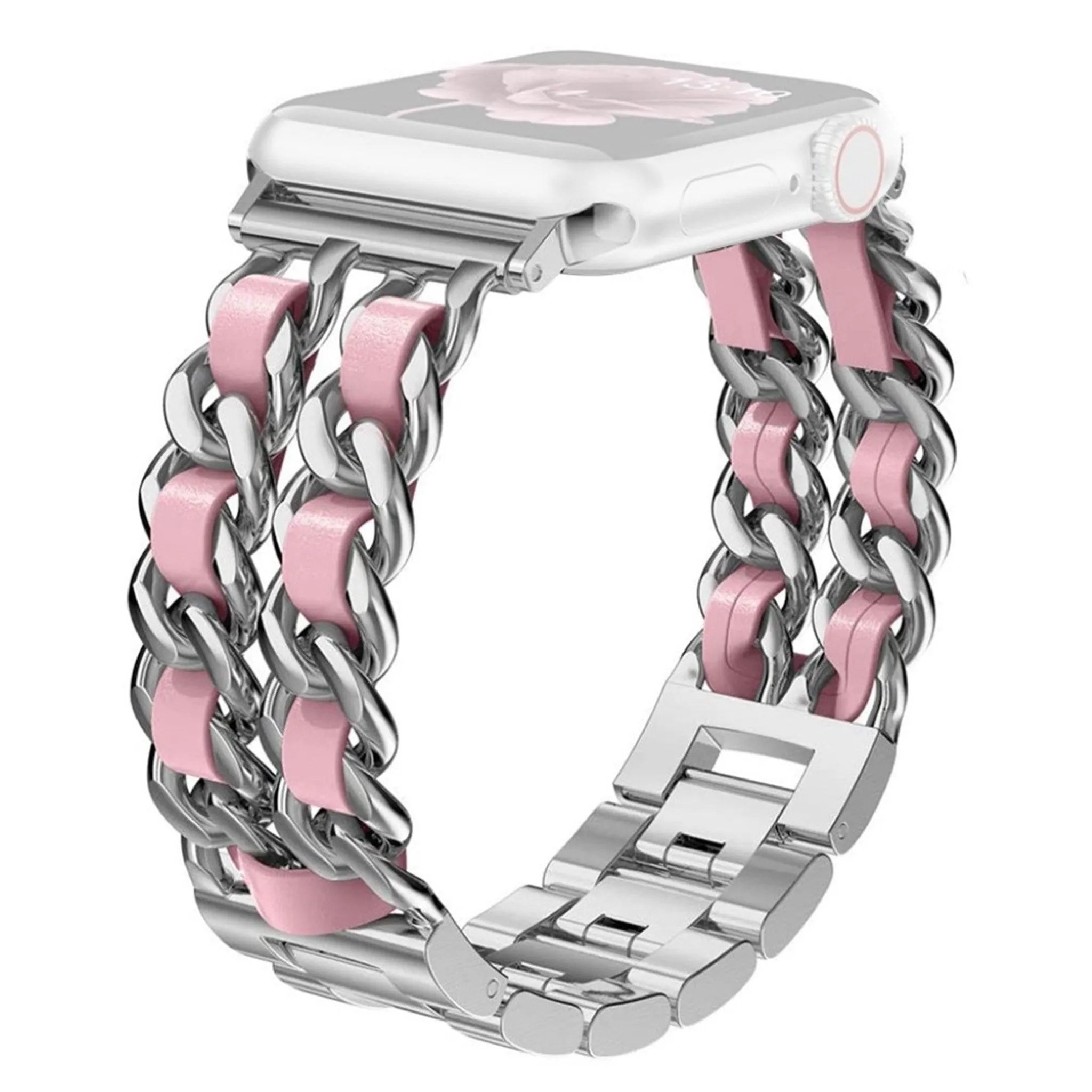 Apple Watch 44mm unique chain style stainless steel watch strap - Silver / Pink