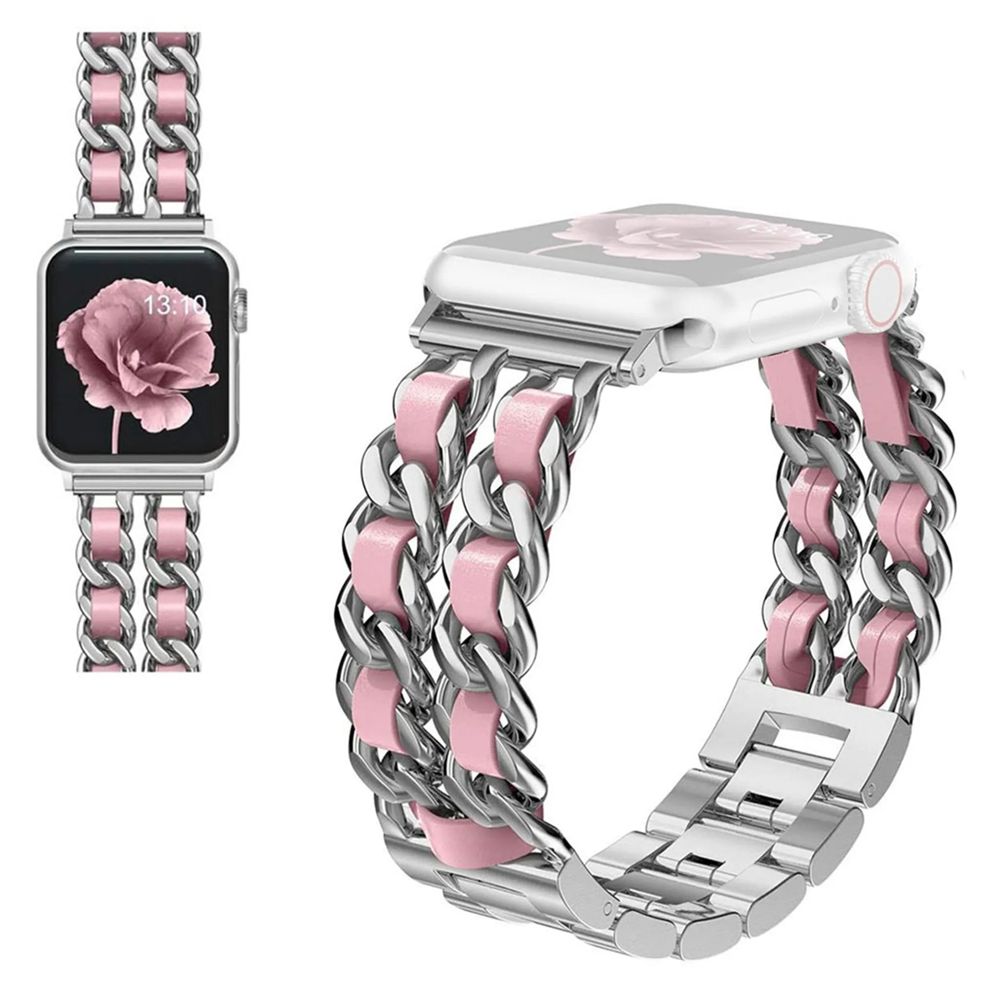 Apple Watch 44mm unique chain style stainless steel watch strap - Silver / Pink