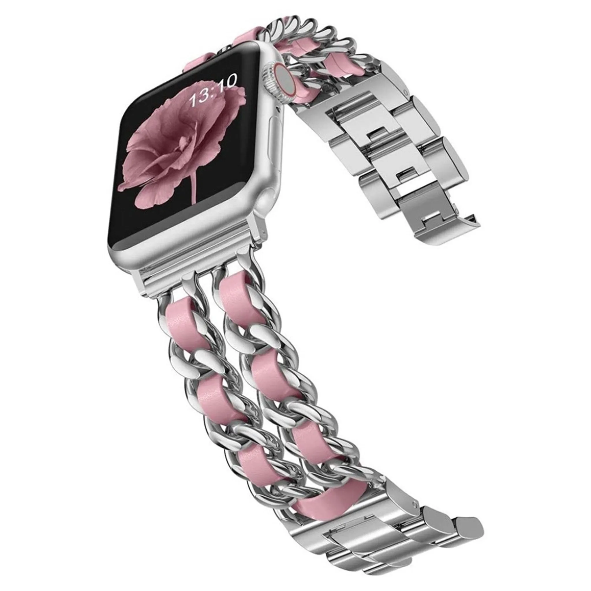 Apple Watch 44mm unique chain style stainless steel watch strap - Silver / Pink