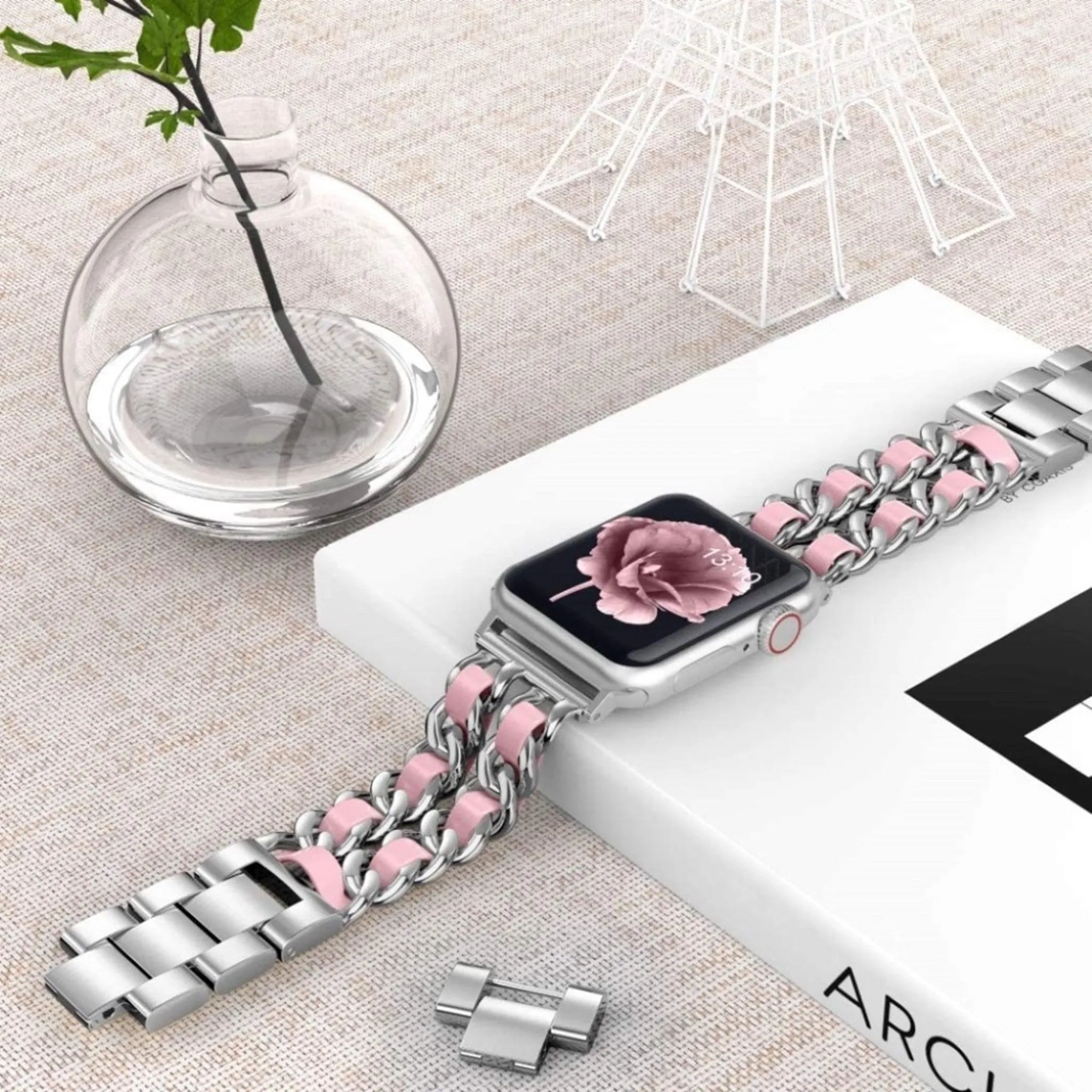 Apple Watch 44mm unique chain style stainless steel watch strap - Silver / Pink