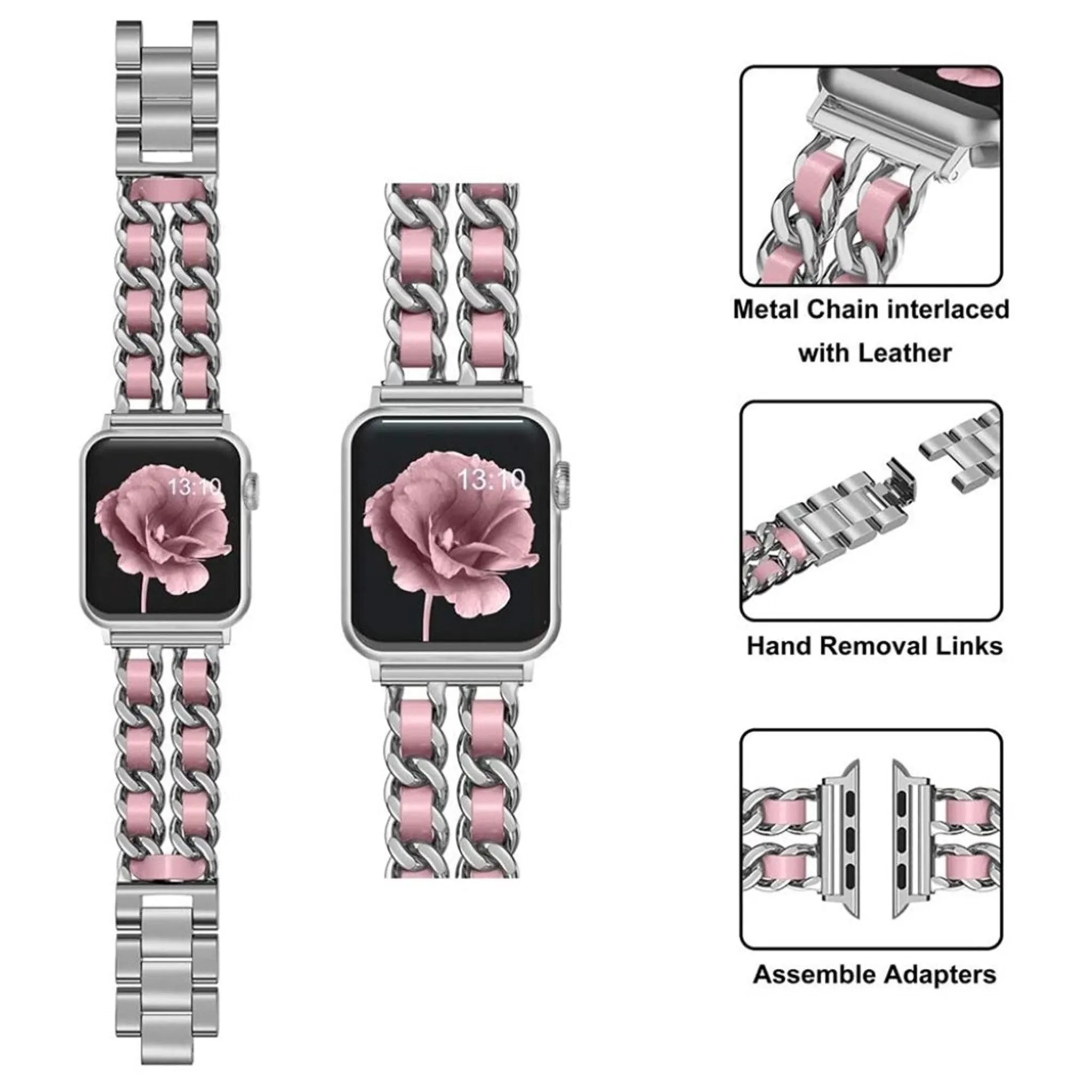 Apple Watch 44mm unique chain style stainless steel watch strap - Silver / Pink