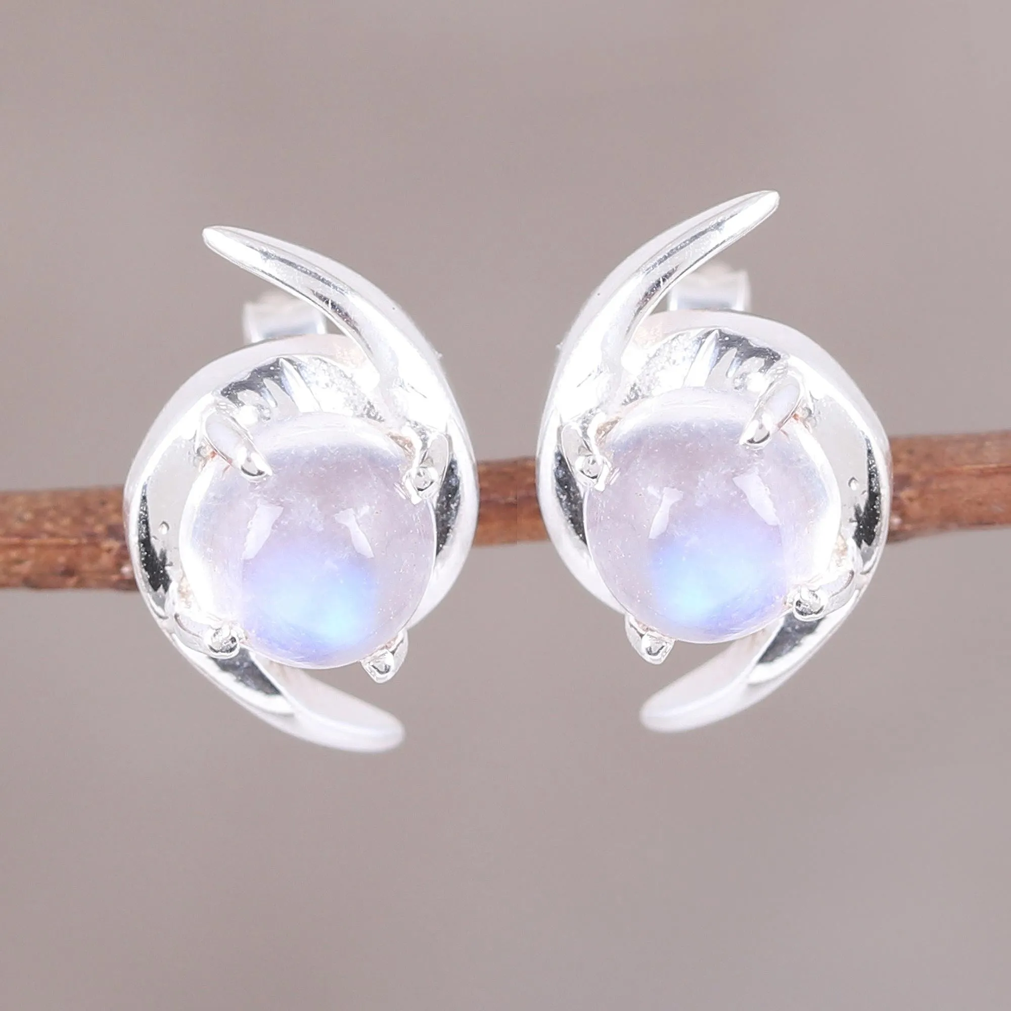 Awe of Aurora Indian Rainbow Moonstone and Sterling Silver Button Earrings