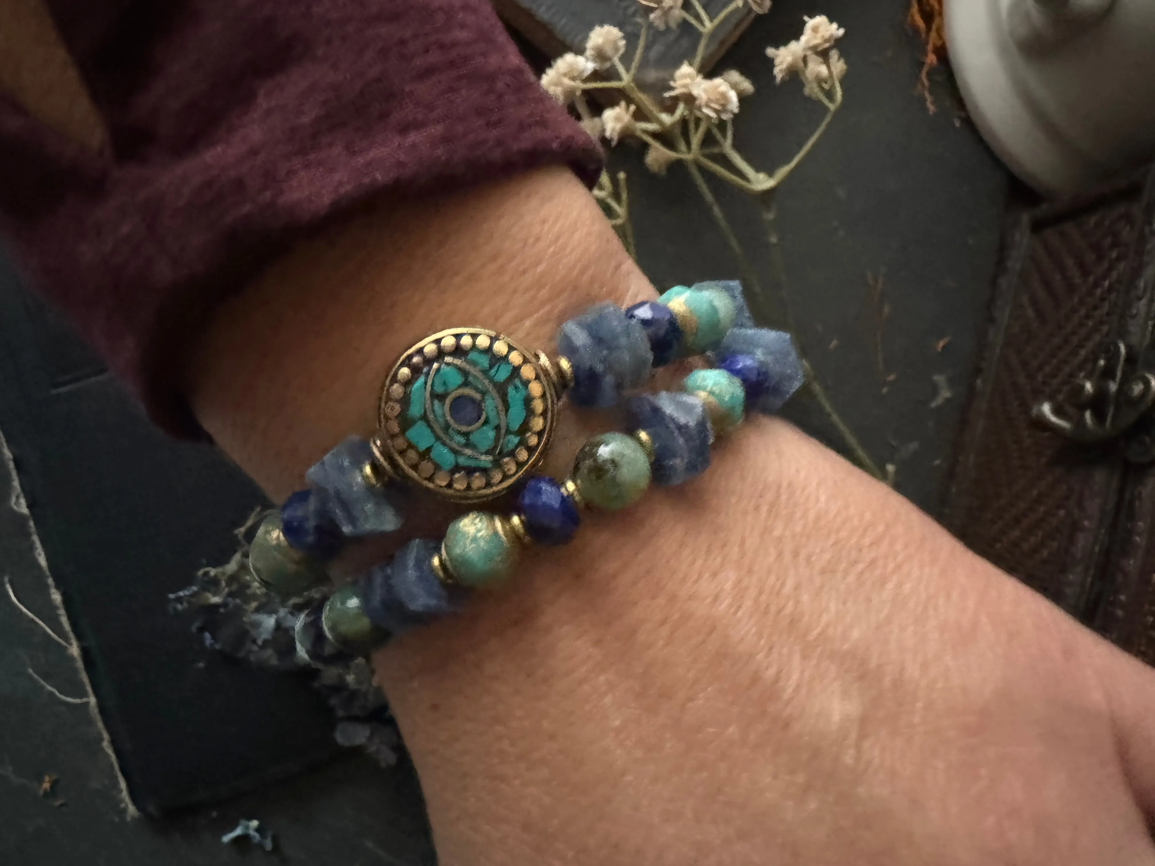 Azurite, kyanite, Turquoise stone, lapis lazuli stone, nepal beads, Czech glass, brass metal bracelet.