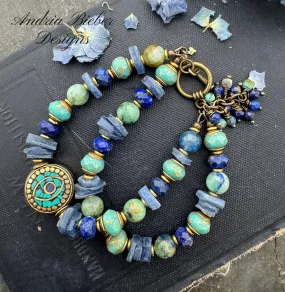 Azurite, kyanite, Turquoise stone, lapis lazuli stone, nepal beads, Czech glass, brass metal bracelet.