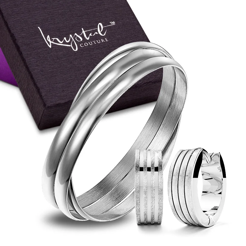 Boxed Angel Textured Earrings And Bangle Set In White Gold