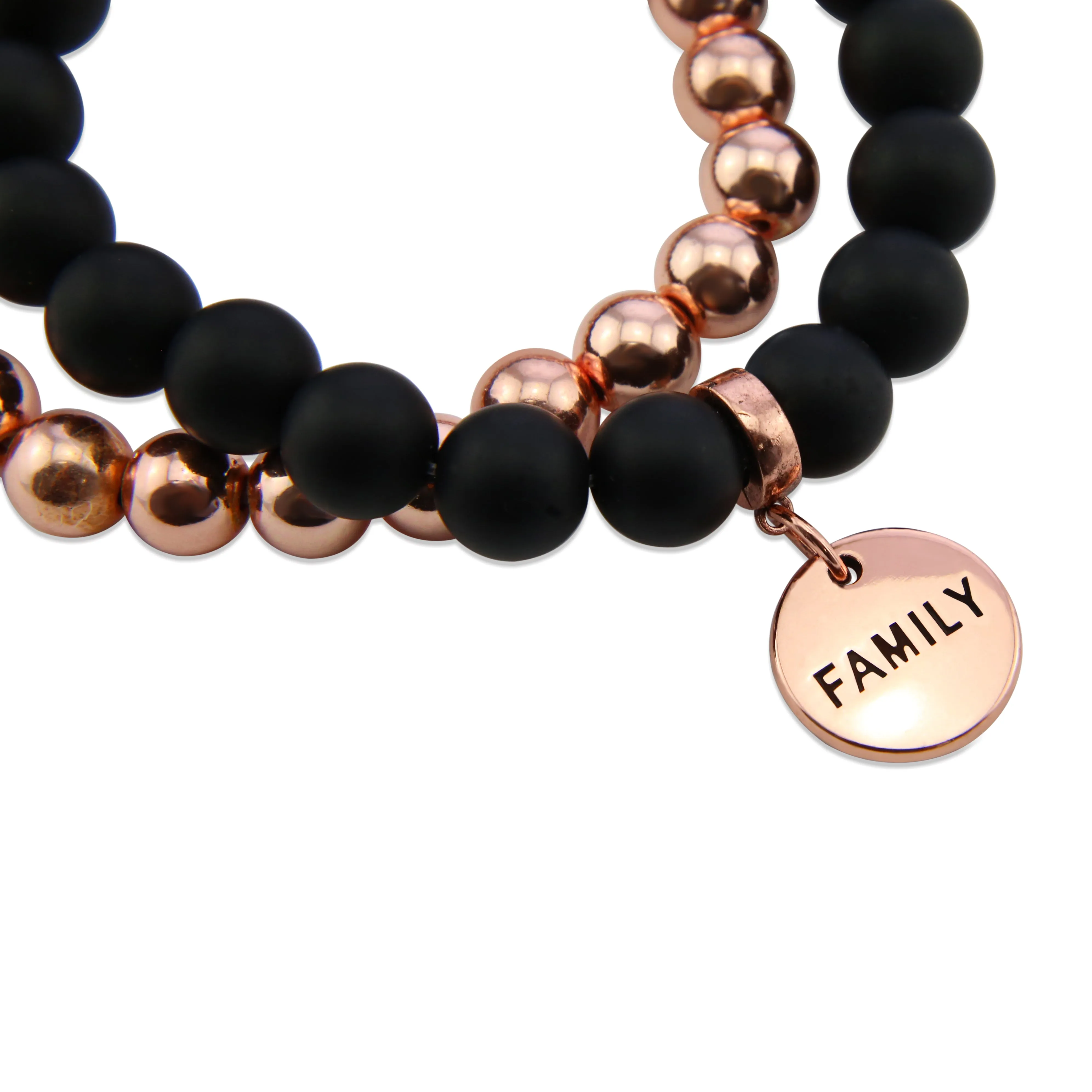 Bracelet Duo! Rose Gold & Matt Black Onyx bead bracelet stacker set - FAMILY (12033)