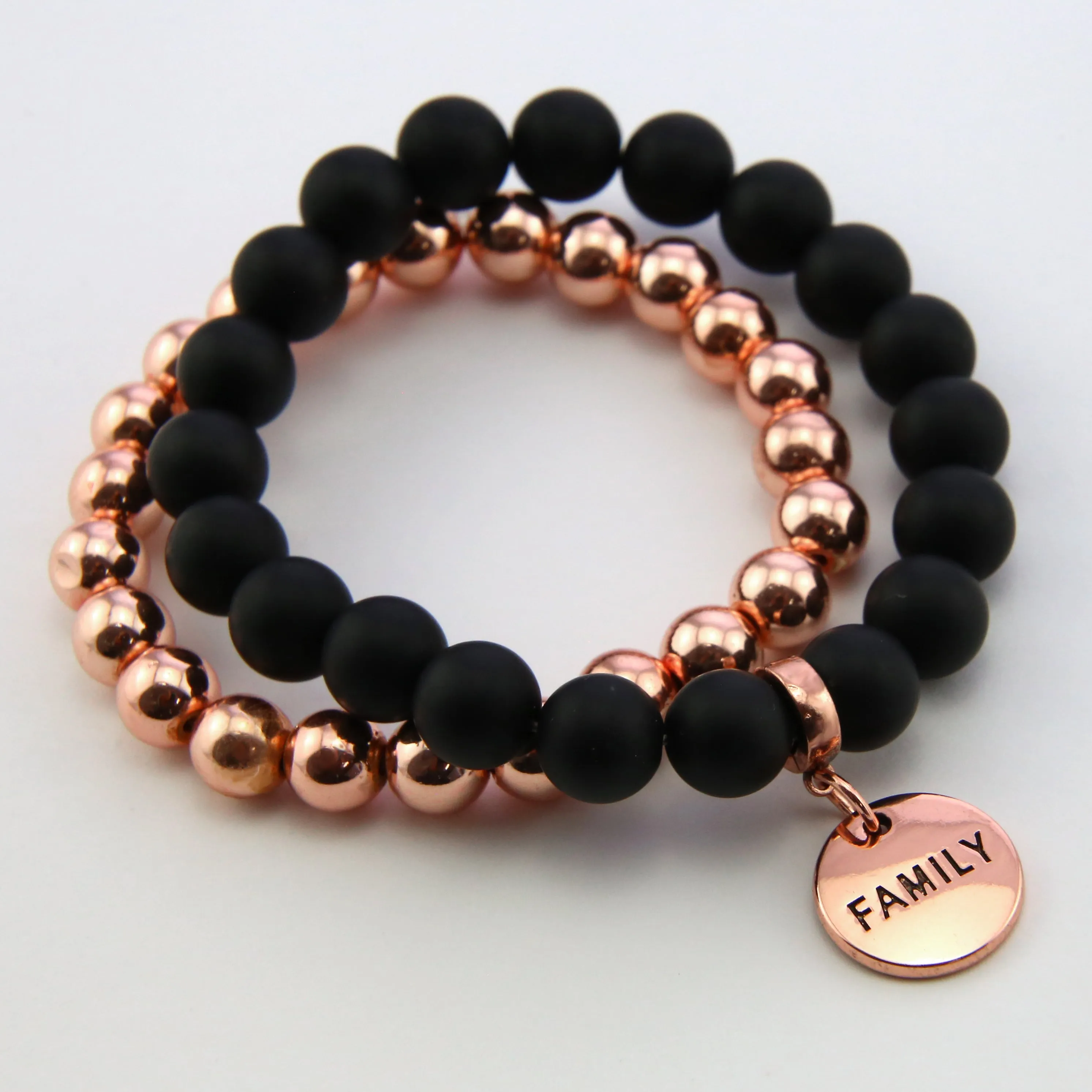 Bracelet Duo! Rose Gold & Matt Black Onyx bead bracelet stacker set - FAMILY (12033)