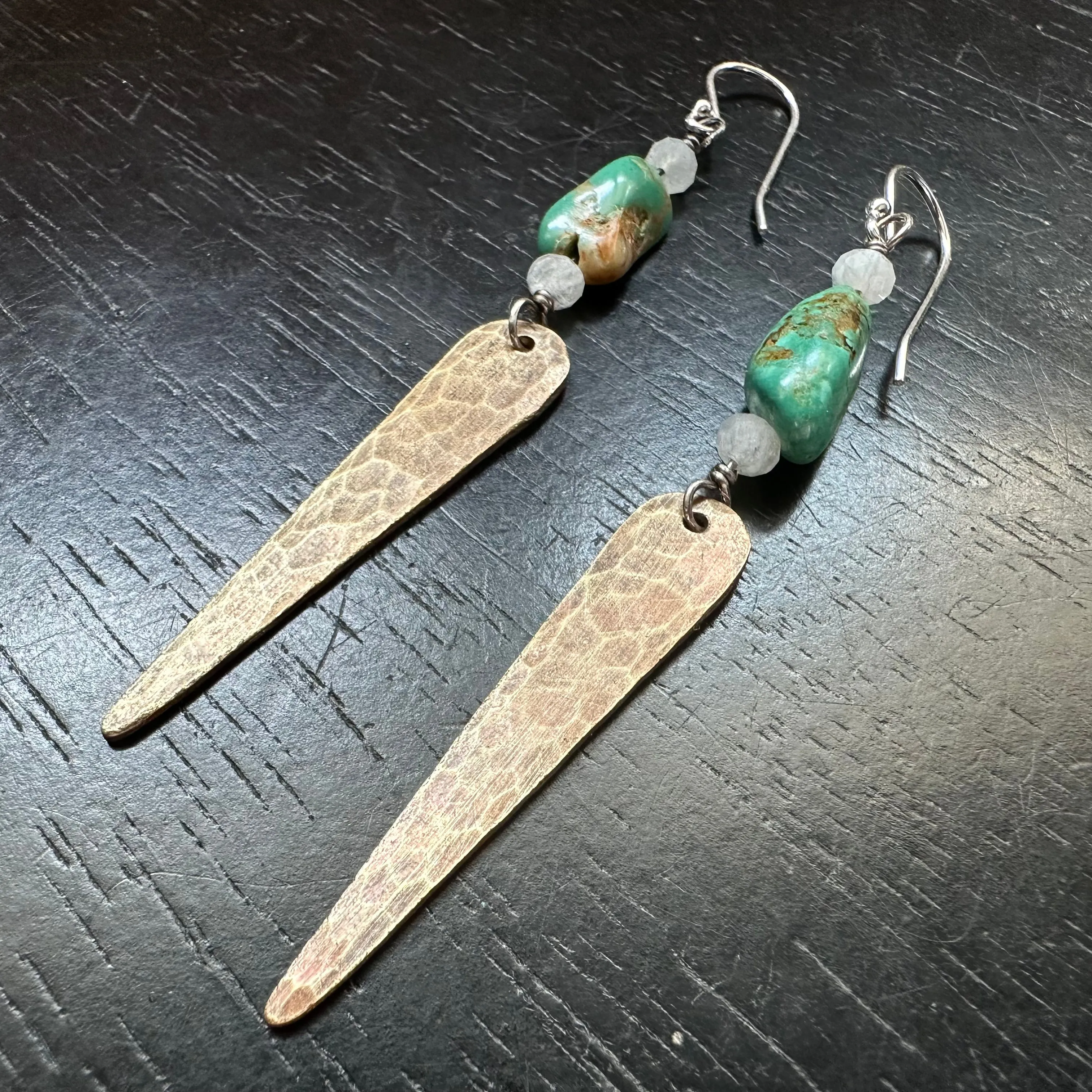 Brass Spear Earrings with Turquoise and Moonstone