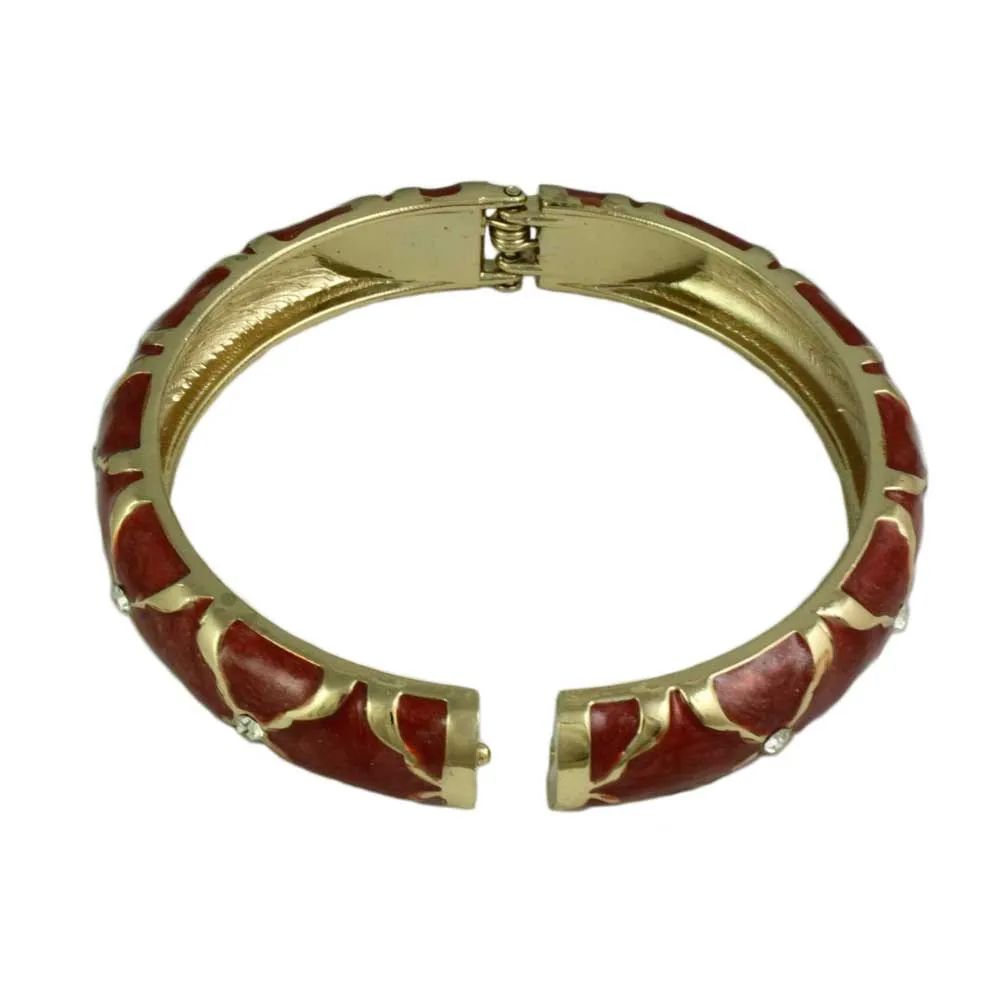 Brown Enamel with Gold X and Crystals Hinged Bangle - BGR512