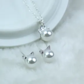 Classy Pearl Cat Earrings & Necklace Set