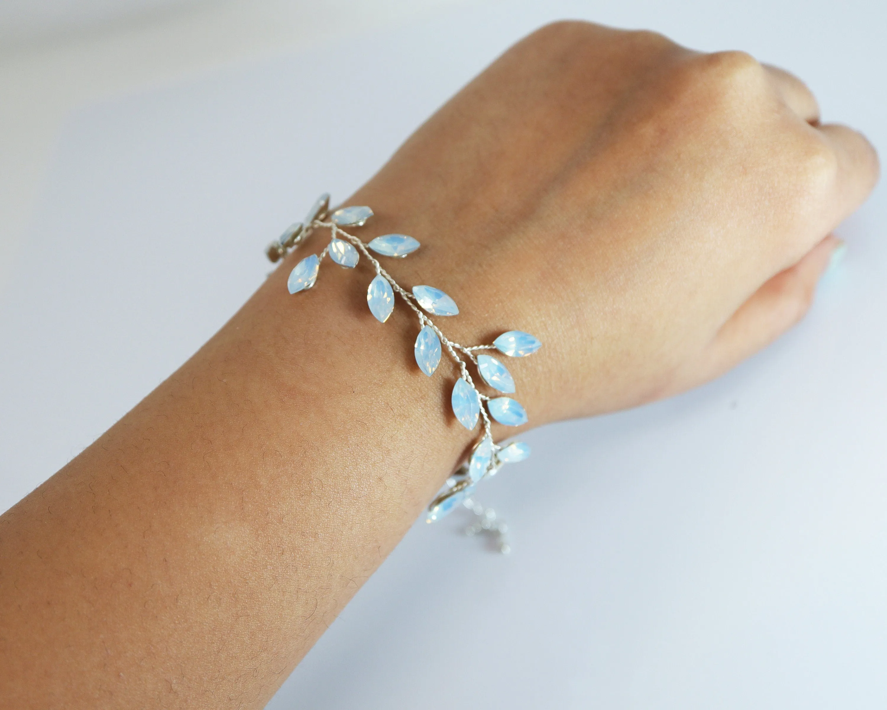 Clear Stone Rhinestone Bracelet, Vine Leaves Bracelet, Statement Bracelet, Opal Bracelet, Gift for her, Custom Gift.