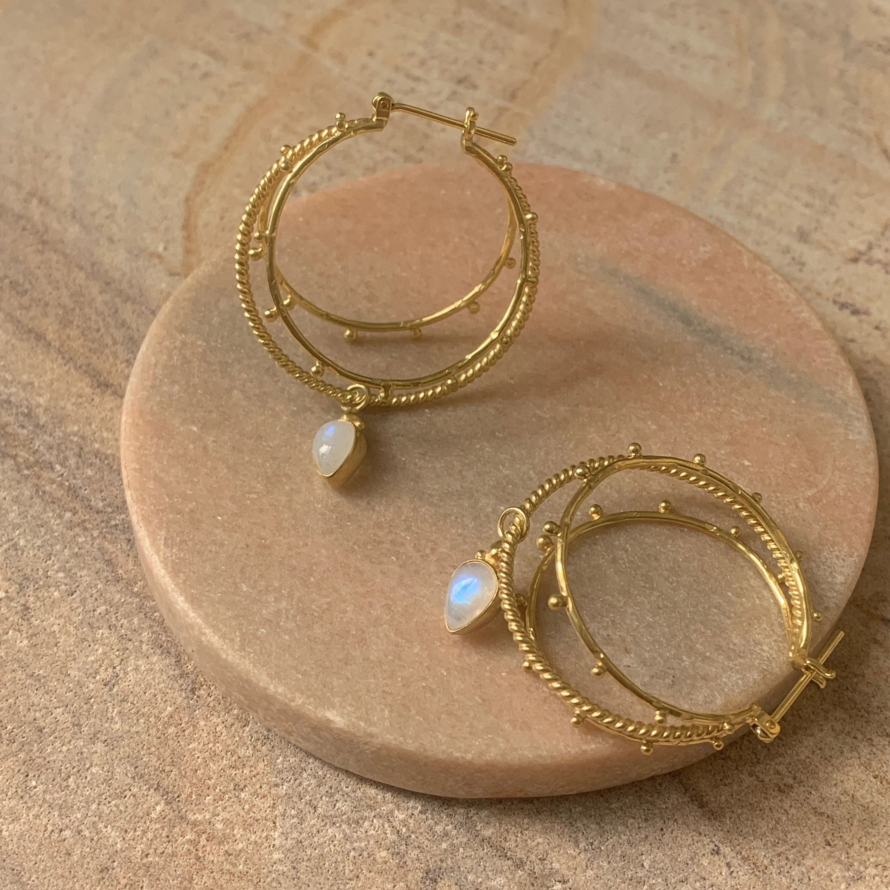 Cleopatra 14K Gold Rainbow Moonstone Earrings