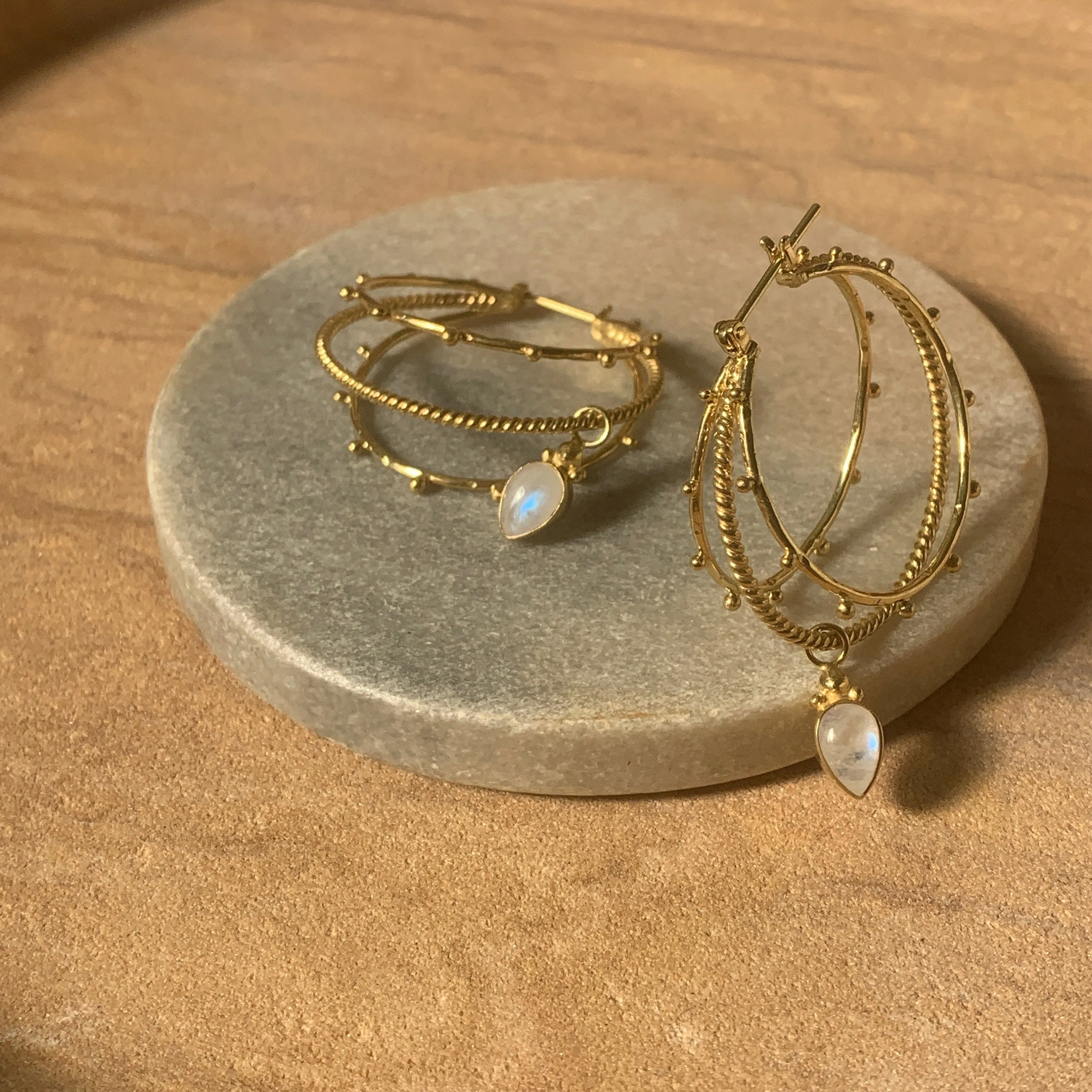 Cleopatra 14K Gold Rainbow Moonstone Earrings